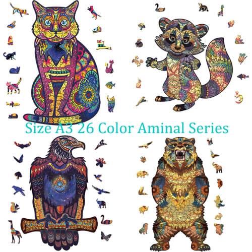 FEOOE A3 Size Animal King Series 3D Animal Wooden Puzzle Educational Toys 26 Color Gift Wooden Jigsaw Puzzle Bald Eagle YSH
