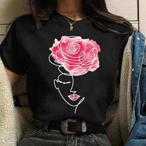 Women Line Art Red Flower Print T Shirt Women Black T Shirt Female Ladies Casual Cute Tee Shirts Woman Fashion Graphic Tee Tops