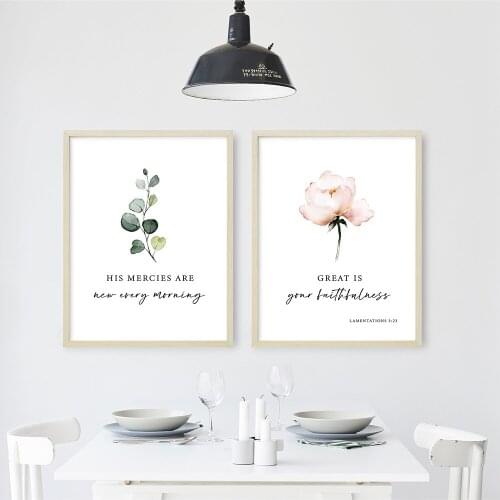 His Mercies Are New Every Morning Bible Verse Flower Leaf Painting Canvas Prints Quotes Poster Bedroom Wall Art Pictures Decor