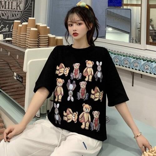 Summer letter cartoon printing loose short-sleeved T-shirt womens bottoming shirt all-match casual college wind jacket women