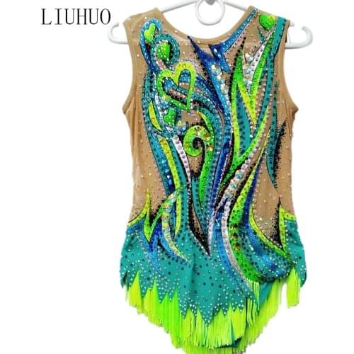 LIUHUO Fashion Rhythmic Skating Dress Girls Green Gymnastics ballet Shiny leotards for Youth
