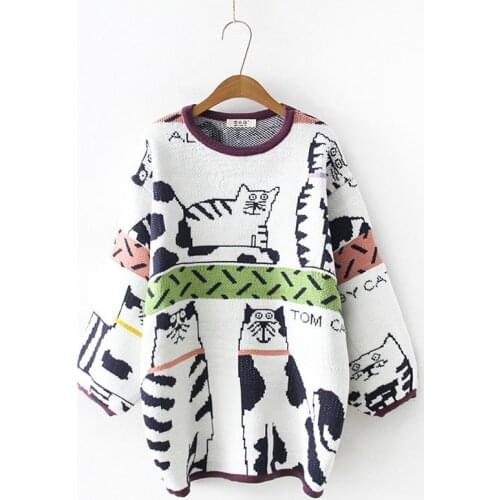 Kawaii Japanese Style Cats Cartoon Sweater Female Long Lantern Sleeve Autumn Winter Thick Warm Pullovers Women Harajuku Knitwear