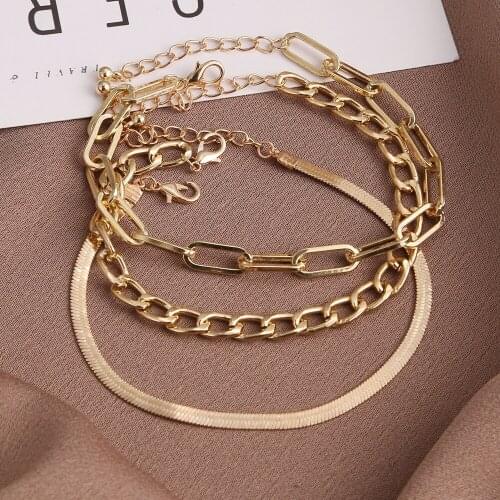 3 Pcs Set Multi Layer Simple Anklet Snake Bone Geometric Paperclip Shape Chain Gold Color Metal Alloy Link Jewelry For Women Men