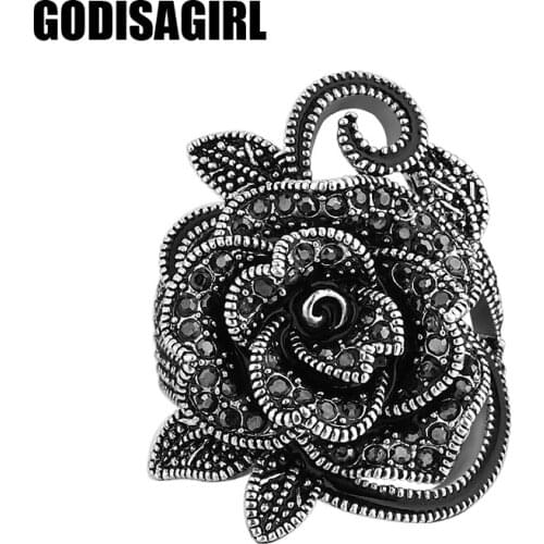 Fashion Retro Silver Plated Crystal Jewelry Big Flower Shape Elegant Vintage Rings For Women