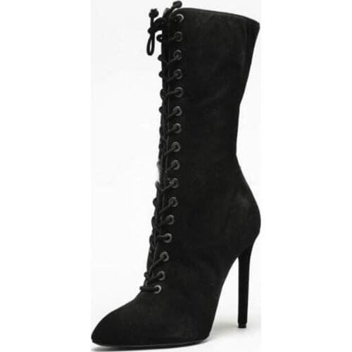 New Fashion Women Pointed Toe Black Suede Leather Lace-up Gladiator Boots Cut-out Super High Heel Ankle Boots Free Shipping