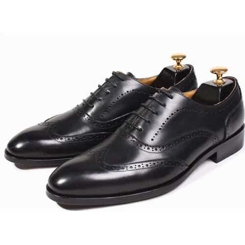 Handmade Formal black Wedding shoes Genuine Leather Lace up Fashion brogue shoes Retro business Shoes Men