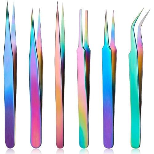 6pcs Eyelash Tweezer 3D Anti-static Stainless Steel Eyelash Extension Curved Straight Tweezer Lash Eyebrow Tweezers Nails Picker