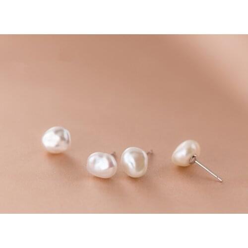 Authentic 925 Sterling Silver Unique 8mmX8mm Irregular Baroque Pearl Stud Earrings For Women Prevent Allergy Jewelry