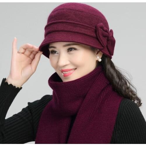 Middle-aged Mother Hat Female Autumn Winter Rabbit Wool Cap Lady Warm Grandma Scarf Women Fashion Elegant Bowknot Hats H7166