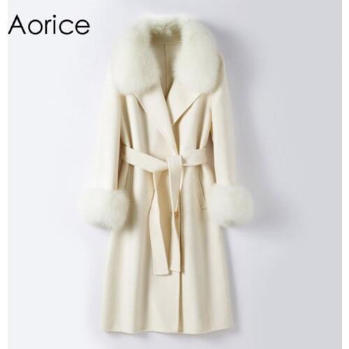 Aorice Real Fur Coat Winter Jacket Women Natural Fox Fur Collar Cashmere Wool Blends Long Outerwear Ladies Streetwear TX205601