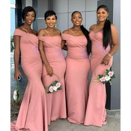 Vintage Long One Shoulder Mermaid Satin Bridesmaid Dresses Floor Length Zipper Back Pink Brautkleider Robes de Soirée for Lady