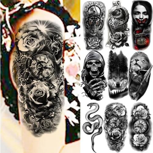 3D Rose Flower Compass Temporary Tattoos For Women Men Snake Tiger Wolf Vampire Skull Pirate Fake Tattoo Sticker Arm Body Tatoos