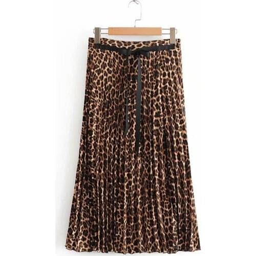 New Women Ladies Elastic Waist Bow Tied Casual Slim Chic Skirts Vintage Leopard Print Pleated Midi Skirt Faldas Mujer