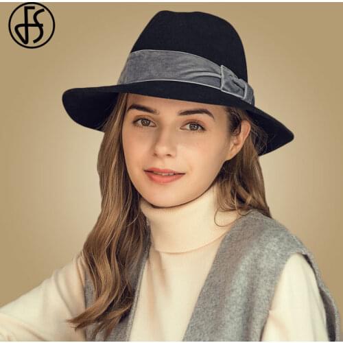 FS Fedora Hat Women Wide Brim Autumn Winter Wool Hat Solid Bow Ribbon Formal Dress Wedding Women Hats Fedoras Felted Jazz Caps