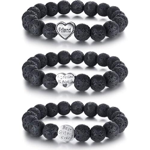 Black Lava Stones Beaded Bracelets for Women Men Stainless Steel Best Mom Flower / Friend Heart Charm Bracelet Female Gift