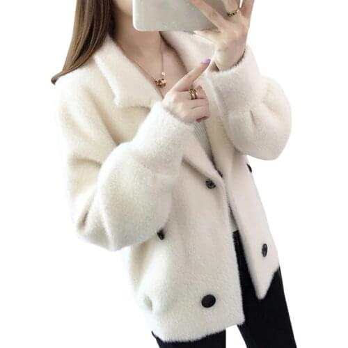 Womens Short Mink Cashmere Cardigans Coats Solid color Long sleeve V-Neck Thick Sweater Autumn new Casual Knitted Tops female
