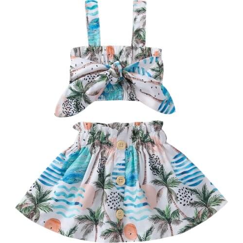 Girls Summer Two Piece Set Fresh Plant Printing Knotted Suspender Tops and Button A-line Midi Skirt