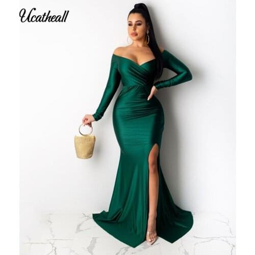 Women Long Sleeve V Neck Bodycon Maxi Long Dress High Slit Elegant Solid Dress Ruched Christmas Party Club Robe Vestidos