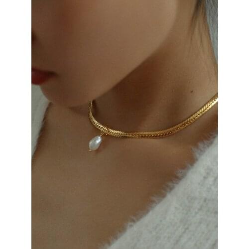 Women gold plated sparkle snake chain necklace stylish choker with fresh water pearl pendant