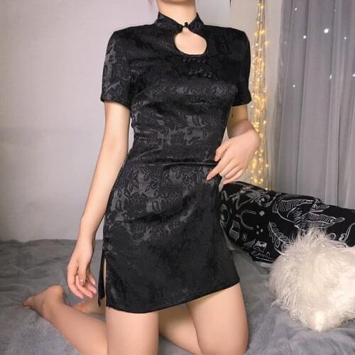 Black Floral Chinese Style Cheongsam 2021 Summer Lady Hollow Out Shor-sleeve Stand Neck Mini Dress Split Hip Goth Party Dresses