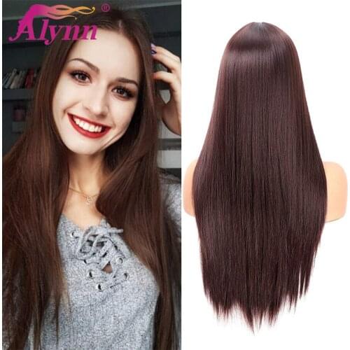 Alynn Long Straight Dark Brown Synthetic Wigs For Women and Ladies Natural Hairline Middle Part Silky Full Heat Resistant Wigs