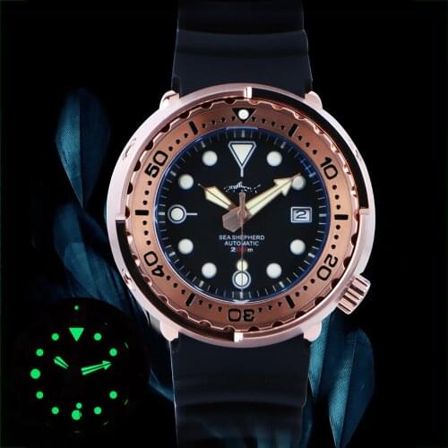 Heimdallr Tuna Automatic Watch Mechanical NH35A Sapphire Crystal Diver Watches 200m C3 Super Luminous Rose Gold Steel Wristwatch