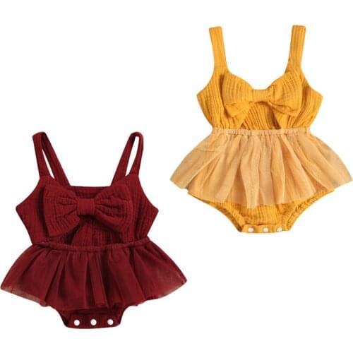 FOCUSNORM Newborn Baby Girls Cute Rompers 0-24M 2 Color Solid Sleeveless Bowknot Strap Sleeveless Lace Patchwork Jumpsuits