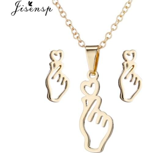 Jisensp 2019 Korean Style Fashion Finger Heart Gesture Stainless Steel Jewelry Sets Lovely Gesture Necklace Earrings for Women