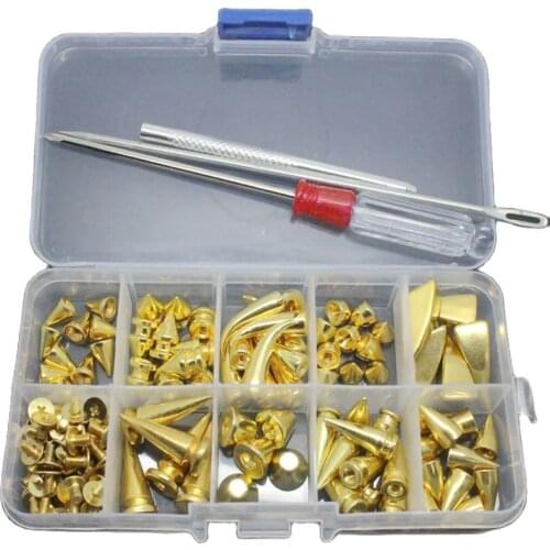75Pcs 9Sizes Kit Box Golden Spikes Bucket Garment Rivet Studs Screw Back For Bag Hat Belt Clothing Leather Craft Diy Accessories