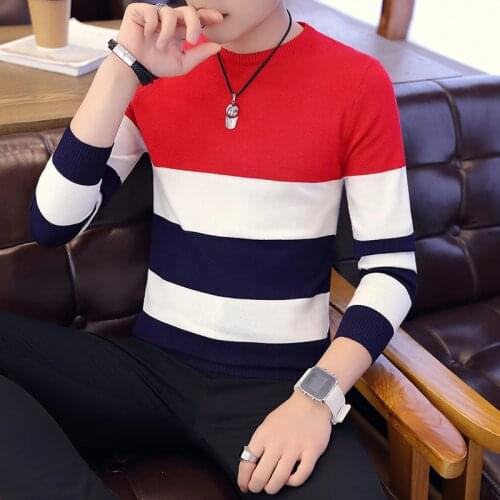 Hot sale mens sweater 2021 Spring Autumn new students South Korean Slim youth striped sweater red and black two colors M-XXL