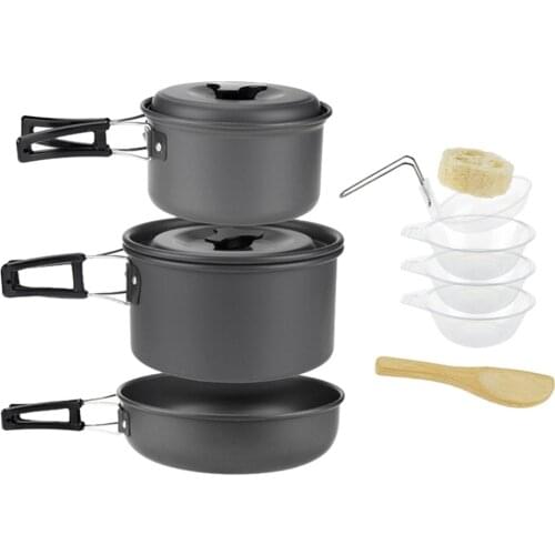 9pcs Camping Cookware Mess Kit Lightweight Pot Pan Bowl Spoon Kit for Backpacking Outdoor Camping Hiking Picnic