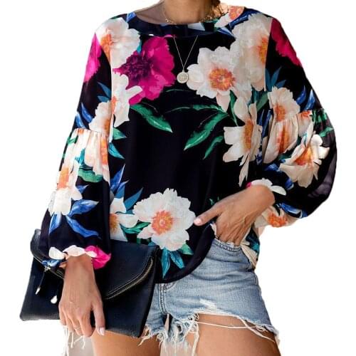New Autumn Women Girl Tops lantern sleeve blouse shirts Vintage printed flower Casual Sweatshirts big size blouse jumper tops