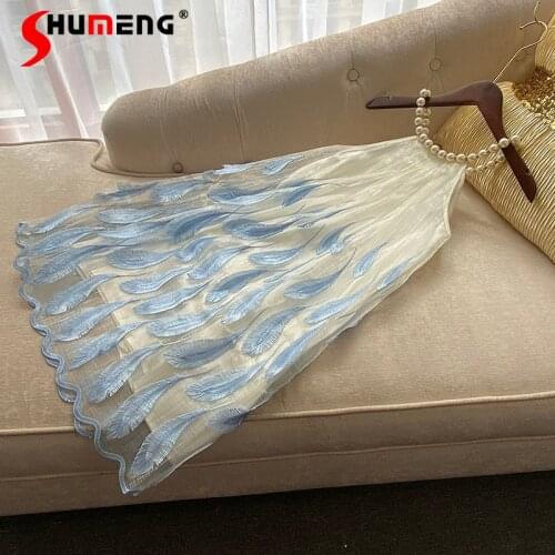 Fresh Sweet Elegant Summer Pearl Halter Sky Blue Feather Midi Dresse for Women Clothing High-Grade Embroidered Sleeveless Dress