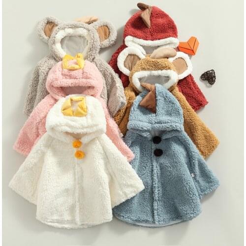 Newborn Baby Plush Cloak Cute Cartoon Long Bat Sleeve Hooded Smock Buttons Down Winter Warm Loose Cardigan for Boys Girls