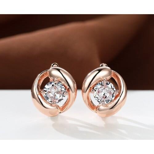 Cute Rose Gold Round Zircon Earrings for Women Simple Fashion Hollow Ear Buckle Female Wedding Anniversary Jewelry Charms Gift
