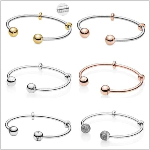 925 Sterling Silver Rose Gold Moments Snake Chain Style Open Bangle Bracelet Fit Bead Charm Diy fashion Jewelry