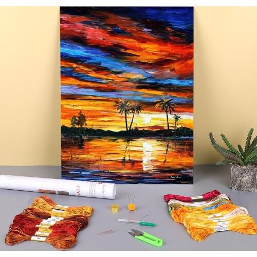 Tropical Sunset Printed Fabric 11CT Cross-Stitch Patterns Embroidery DMC Threads Handicraft Sewing Needlework Stamped
