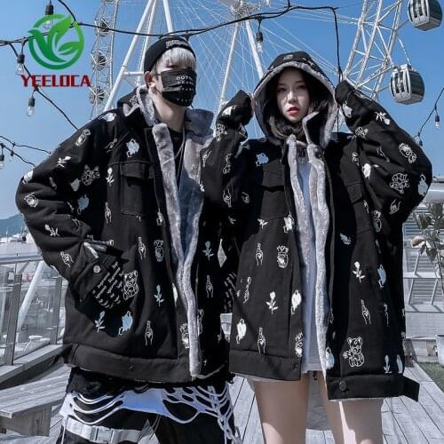 2019 Winter New Products Thicken Fur Collar Hooded Jacket Coat Men Couple Sketch Cartoon Print Oversized Windbreaker