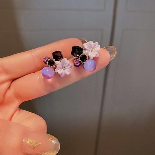 Vintage Romantic Purple Opal Stone Crystal Flower Stud Earrings Simple Fashion Korean New Design Earring Temperament Jewelry