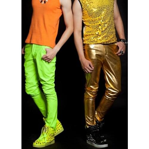 Green gold Singer costumes 1 pants men 1 pants man stage trousers Fluorescent leather pants mens pants Provide custom