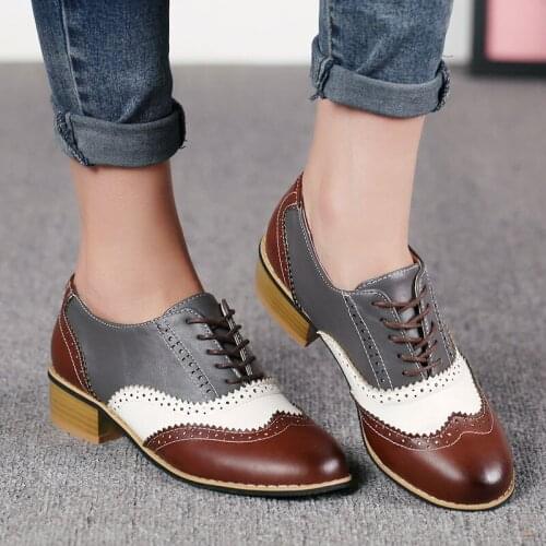 Womens Shoes Low Square Heel Single Shoes Lace-up College Wind Leisure Oxford Shoes Retro Wind Round Toe Brogue Shoes