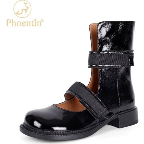 Phoentin Womens Black Hollow Cool Ankle Boots 2021 Autumn New Fashion Casual High Top Patent leather Modern short Boot FT1681
