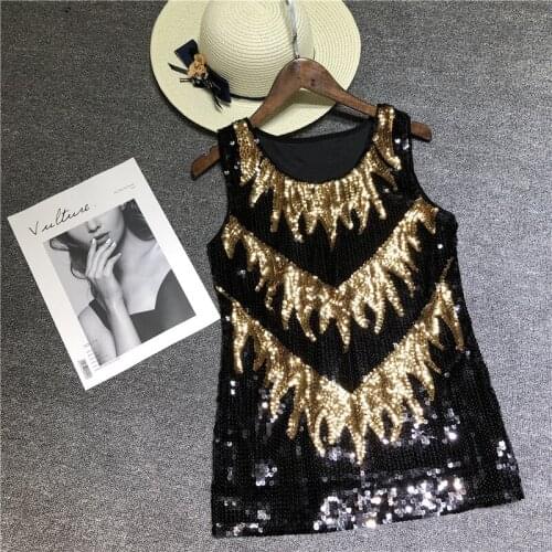 Womens Shine Glitter Sequin Embellished Sleeveless Trees Vest Tank Tops Fashion Style Clothing for Cocktail Party Clubwear