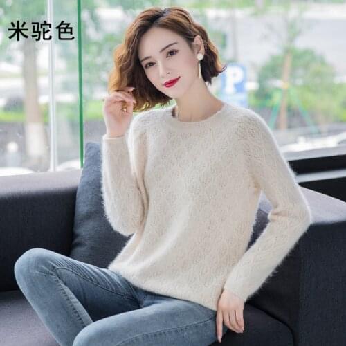 Autumn and winter new mink fleece sweater women round neck 100% mink fleece sweater solid color hollow knit bottoming shirt