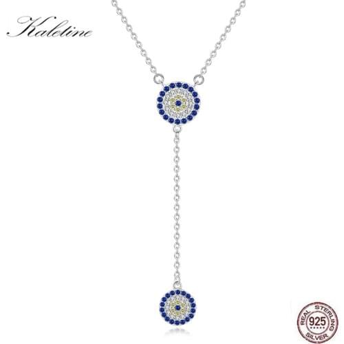 KALETINE 100% 925 Sterling Silver Necklace Women Luck Round Pendant Evil Eye Necklaces Blue Zircon Long Link Fashion Jewelry