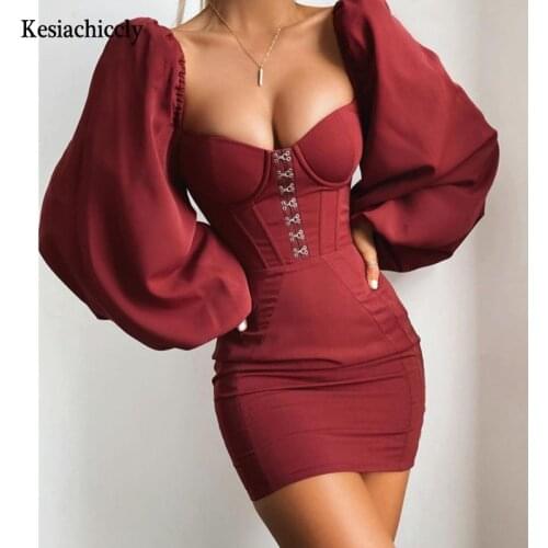 Kesiachiccly Autumn Winter Women Bodycon Dress Square Collar Long Sleeve Mini Dress Elegant Long Sleeve Party Celebrity Vestidos