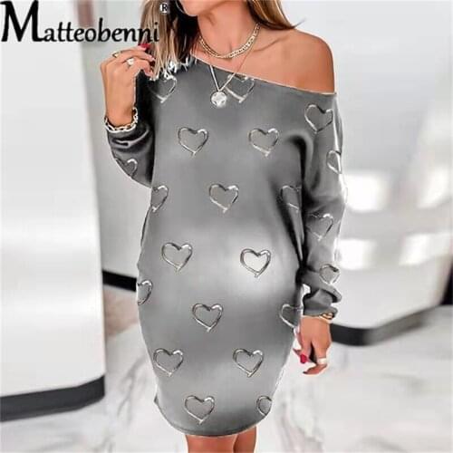 Woman Autumn Sexy Off Shoulder Dress Long Sleeve 3D Heart Printed O Neck Long Sleeve Loose Casual Dress Pullover 2021 Plus Size
