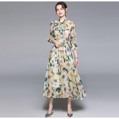 Designer Summer Fashion Women Chiffon Beach Dress Runway Sweet Bow Collar Flowers Print Elegant Holiday Party Midi Dress
