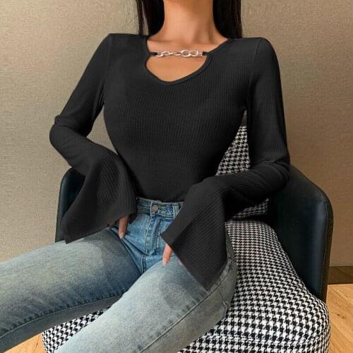2021 Autumn Winter New Womens Dress Solid Color Black White V-Neck Pullover Top Slim Long Sleeve T-Shirt Knitting Women Tops