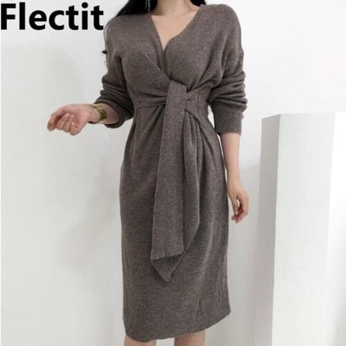 Flectit Womens Knitted Wrap Dress Tie Waist V-Neck Midi Sweater Dress Ladies Fall Winter Knitwear Njersey de vestido mujer
